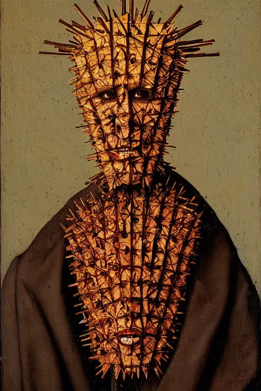 Prompt: portrait of pinhead hellraiser, oil painting by jan van eyck, northern renaissance art, oil on canvas, wet - on - wet technique, realistic, expressive emotions, intricate textures, illusionistic detail