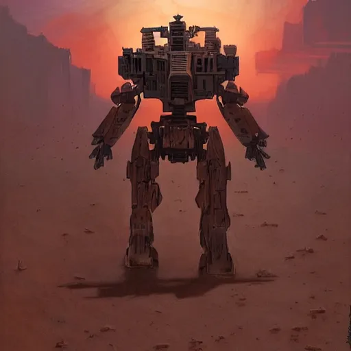 Image similar to battlemech, desertpunk, hulking, wide shot, desert background, highly detailed, digital painting, artstation, concept art, sharp focus, illustration, art by artgerm and greg rutkowski and magali villeneuve, Zdzisław Beksiński, red brown and white color scheme