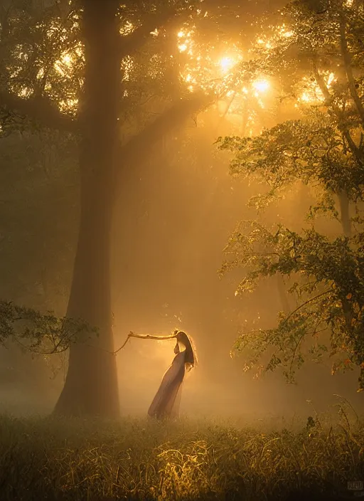 Image similar to misty swamp, hazy fog, sundown golden hour, early morning dance, smile, fireflies and sparkling wisps, rainbow sun rays through trees, Lilia Alvarado, Sophie Anderson, Mark Arian, Bob Byerley, Charlie Bowater, Mark Brooks, Steve Henderson, Justin Gerard, Arthur Hughes, Edward Robert Hughes, Mark Keathley, Victor Nizovtsev, Carlos Shwabe, Ross Tran, WLOP