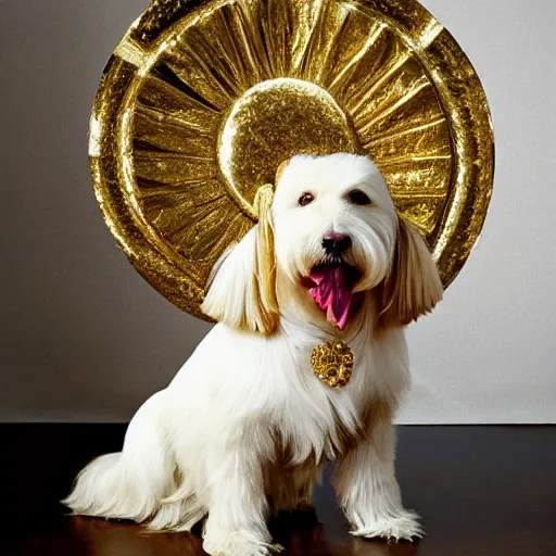 Prompt: a cream - colored havanese dog wearing a slinky metallic dress with ornate midcentury geometric gold headpiece, resting against a small marble pedestal with flowers loosely arranged, sultry look, gold curtain background, magazine photo by david lachapelle