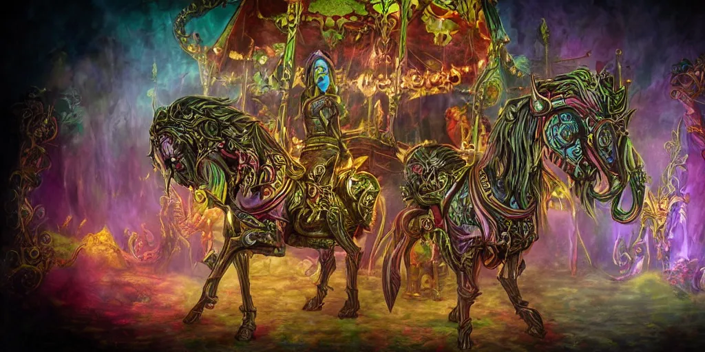 Prompt: a dark fantasy side view of a evil circus coloured carousel horse, tim burton, world of warcraft, league of legends