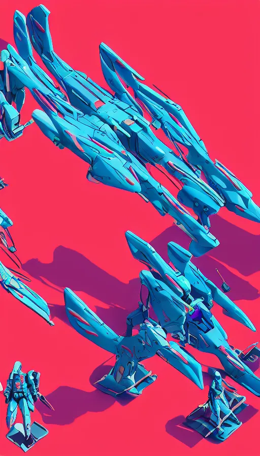 Image similar to isometric concept gundam macross evangelion, detailed hatching, diagram specifications notations, by alex pardee, 3 d cg, octane rendered, futuristic, 2 k aesthetic, 4 k, highly saturated colors