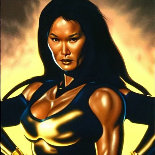 Image similar to tia carrere in cyber metal suit, atmospheric lighting, painted, intricate, golden hour, ultra detailed by alex ross