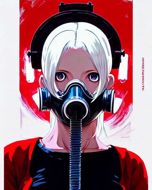 Image similar to white haired cyborg girl wearing a gas mask and red dress | | audrey plaza, fine detail!! anime!! realistic shaded lighting!! poster by ilya kuvshinov katsuhiro otomo ghost - in - the - shell, magali villeneuve, artgerm, jeremy lipkin and michael garmash and rob rey