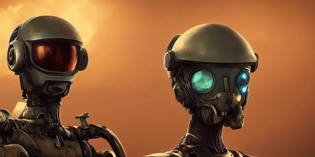 Image similar to a closeup of a futuristic alien robot helmet on mars, front view, the apocalyptic planet is seen reflecting in his viewfinder, well - detailed outfit, cyberpunk, fallout 5, impressive lighting, deep colors, apocalyptic setting