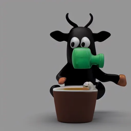 Prompt: cute cow drinking a cup of coffee, 3d render by Pixar, raytracing, black background