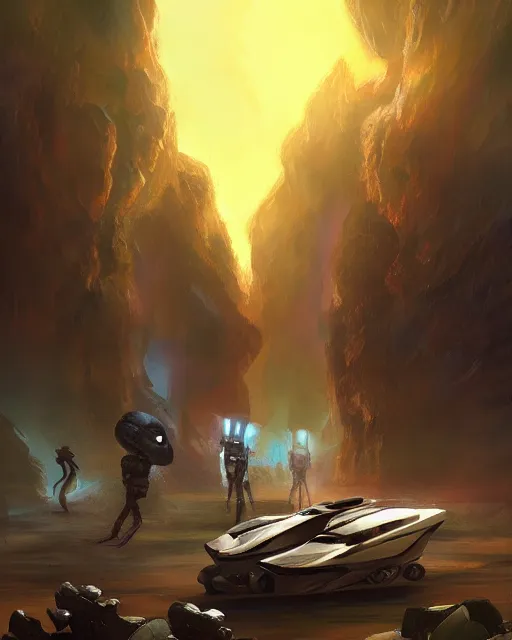 Image similar to A colorful painting of humanoid Aliens of the Sun on a space planet environment with futuristic vehicles, inspired by Keith Mallett, digital art, extremely moody lighting, glowing light and shadow, atmospheric, shadowy, cinematic