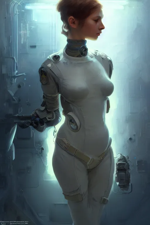Prompt: portrait futuristic beautiful army navy Girl, at inside of a future submarine, ssci-fi, fantasy, intricate, very very beautiful, elegant, human anatomy, neon light, highly detailed, digital painting, artstation, concept art, soft light, hdri, smooth, sharp focus, illustration, art by tian zi and craig mullins and WLOP and alphonse mucha