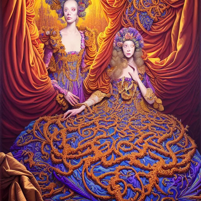 Image similar to beautiful oil painting, full length portrait of dauphinois in baroque coronation robes 1701, Dan Mumford, Dan Mumford, Alex grey, hyacinthe rigaurd, highly detailed , lsd visuals, dmt fractal patterns, hallucinogen, visionary art, psychedelic art, ornate, vaporwave, baroque, Greg rutkowski