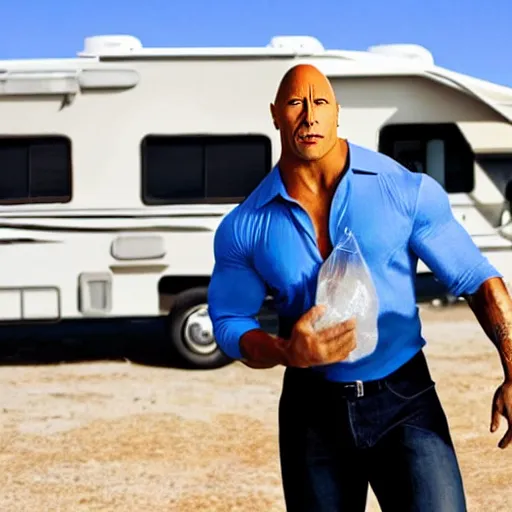 Image similar to dwayne the rock johnson holding a ziplock bag with baby blue meth, desert background, next to an rv, by stephen bliss, gta loading screen