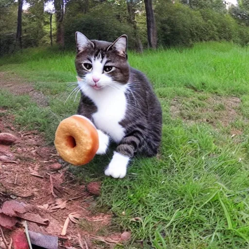 Prompt: Cat catching a donut, trail camera footage