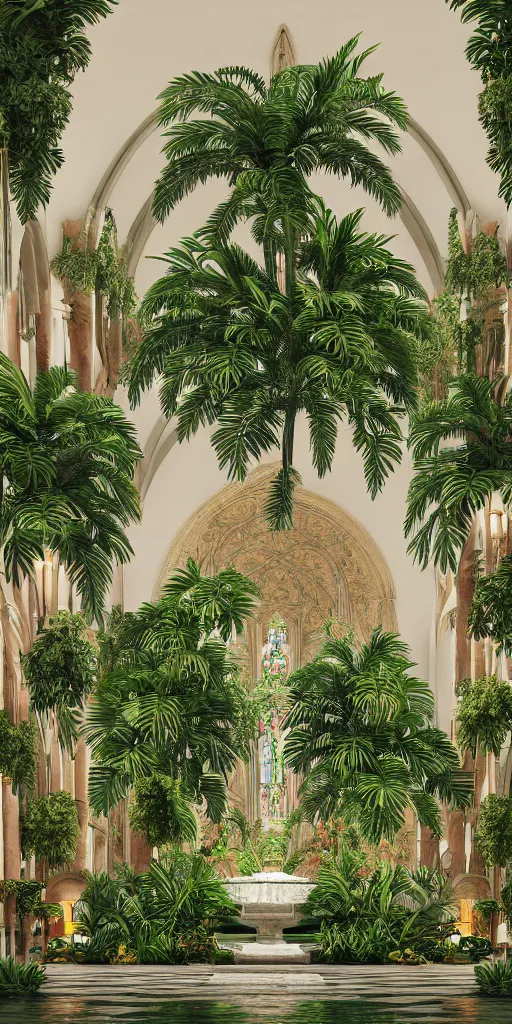 Prompt: grand cathedral interior with koi pond in the middle surrounded by palm trees, ivy, flowers, tropical plants, roses, and with archways, rendered in octane render with photorealistic lighting, cinematic, horizontal symmetry