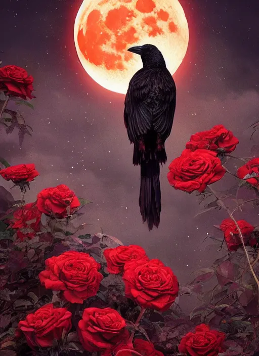 Prompt: Big glowing moon is very important, red and golden color details, portrait, A crow with red eyes in front of the full big moon, book cover, red roses, red white black colors, establishing shot, extremly high detail, foto realistic, cinematic lighting, by Yoshitaka Amano, Ruan Jia, Kentaro Miura, Artgerm, post processed, concept art, artstation, raphael lacoste, alex ross, portrait, A crow with red eyes in front of the full big moon, book cover, red roses, red white black colors, establishing shot, extremly high detail, photo-realistic, cinematic lighting, by Yoshitaka Amano, Ruan Jia, Kentaro Miura, Artgerm, post processed, concept art, artstation, raphael lacoste, alex ross