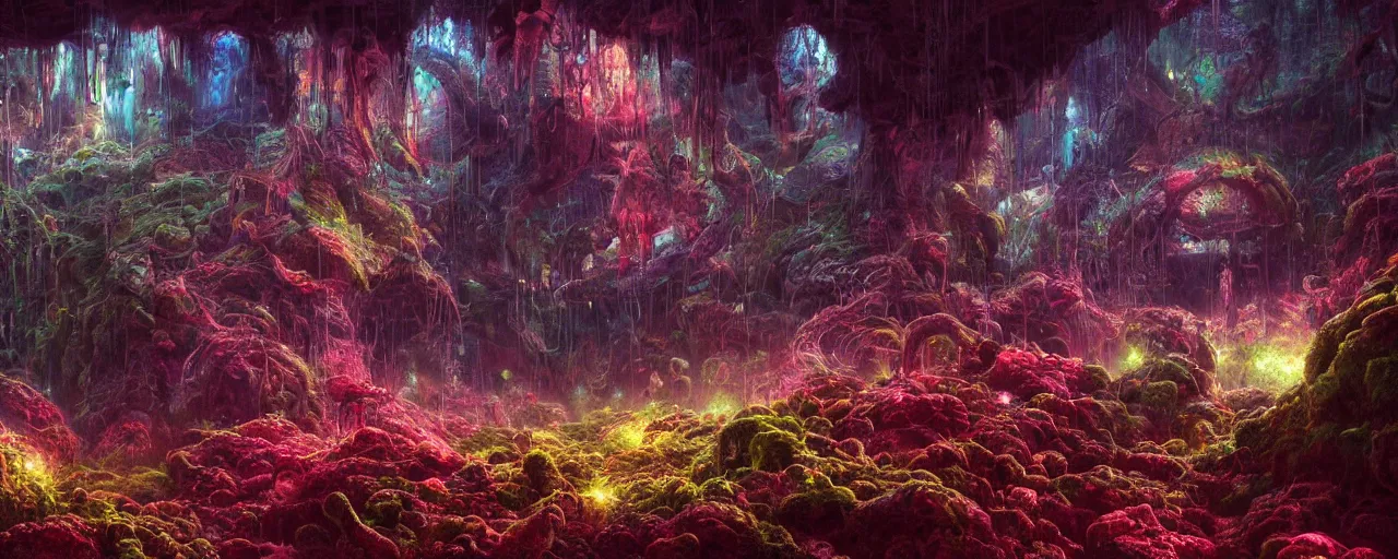 Image similar to ” mycelium, roots, deep cavern, [ moist, wet, cinematic, detailed, epic, widescreen, opening, establishing, mattepainting, photorealistic, realistic textures, octane render, art by paul lehr ] ”