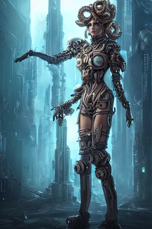 Prompt: ultradetailed realistic RPG cosplay airbrushed digital art portrait-illustration of a beautiful symmetrical eerie Medusa wearing cyberpunk clothes and an armor with much decorum!!!!!!!! standing next to bioluminiscent otherworldly towers in a three quarters pose in a sci-fi cityscape, epic poster art, 3D rim light, octane render, artstationHQ