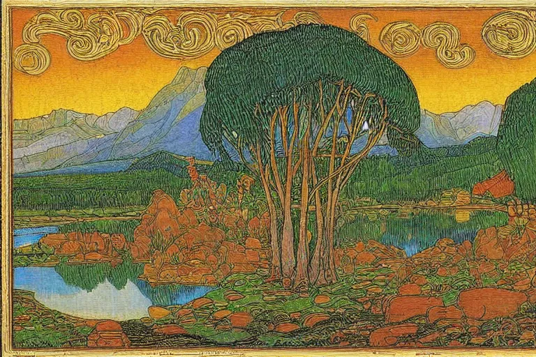 Image similar to a serene landscape by Ivan Bilibin