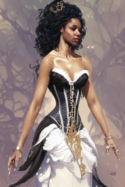 Image similar to cute black woman wearing a white corset dress, fantasy, intricate, highly detailed, digital painting, artstation, concept art, wallpaper, smooth, sharp focus, illustration, art by artgerm and greg rutkowski and alphonse mucha