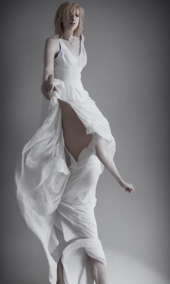 Image similar to photo of gorgeous seductive tall emily skinner cosplaying annie leonhart wearing elegant white dress, wearing open toe heels, in a white room, beautiful face, pale skin, rule of thirds, cinematic lighting, sharp focus, backlit, stunning, smooth, hard focus, full body shot, studio photo, shot on sony a 7 iii