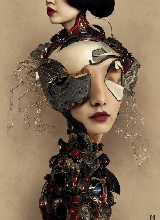 Image similar to portrait of a sensual futuristic geisha cyborg with headpiece, kintsugi, modern fine art, fractal, in the style of ghosts in the shell, intricate ornaments, elegant, highly detailed, digital photography, subsurface scattering, by jheronimus bosch and greg rutkowski,