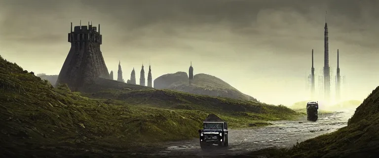 Image similar to Land Rover Defender 110 (1985), an epic fantasy, dramatic lighting, cinematic, establishing shot, extremely high detail, photorealistic, cinematic lighting, artstation, by simon stalenhag, The Elder Scrolls IV: Oblivion, Green Cyrodiil plains, Imperial City with the Adamantine Tower in the middle in the distance, Adamantine Tower in the distance, at day