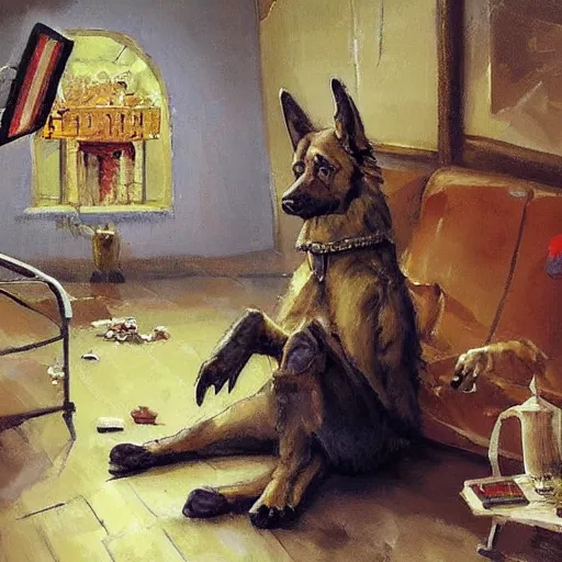 Image similar to a humanoid german shepherd beast - man, sitting and watching a soccer match in his house on television, he has hurt his knee and is a dad, by erin hanson, alexi zaitsev, karl spitzweg, award winning, tv set