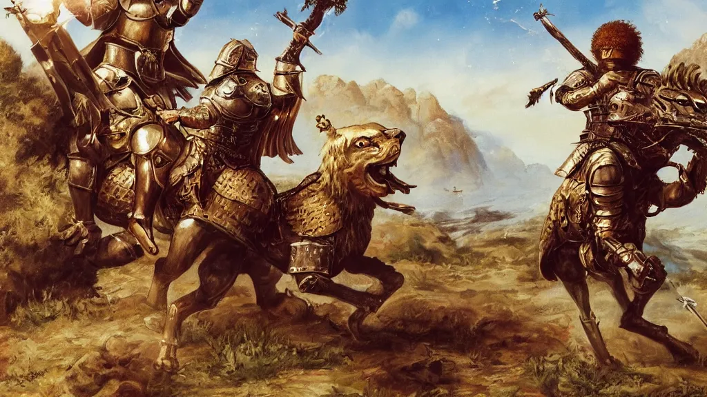 Image similar to fully armored knight wielding an automatic weapon fighting a lion in a medieval setting, painted by bob ross