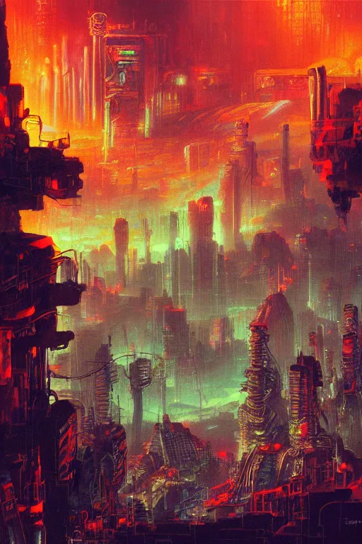 Prompt: a cyberpunk city in the crater of a volcano, lava flowing, smoke, fire, neon, clubs, industrial, by paul lehr, jesper ejsing