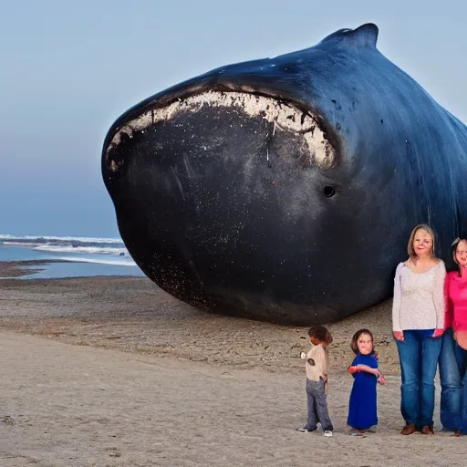 Image similar to family photograph in front of a decaying beached whale, dawn light, high resolution, dramatic