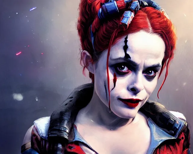 Image similar to highly detailed portrait of helena bonham carter as harley quinn, in batman : arkham knight, stephen bliss, unreal engine, fantasy art by greg rutkowski, loish, rhads, ferdinand knab, makoto shinkai and lois van baarle, ilya kuvshinov, rossdraws, tom bagshaw, global illumination, radiant light, detailed and intricate environment