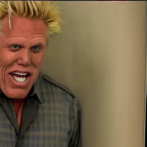 Image similar to gary busey as bigfoot, fullbody, cctv footage