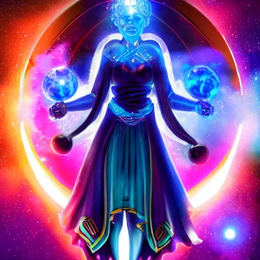 Prompt: a powerful goddess woman floating with a glowing orb of blue power in her hand, trending on artstation, colourful, powerful, dark, mysterious, maximalist, full body shot, japanese, unreal engine 5, evil, warrior, nebula background, wearing a farce robe, army behind her and war - s 1 5 0