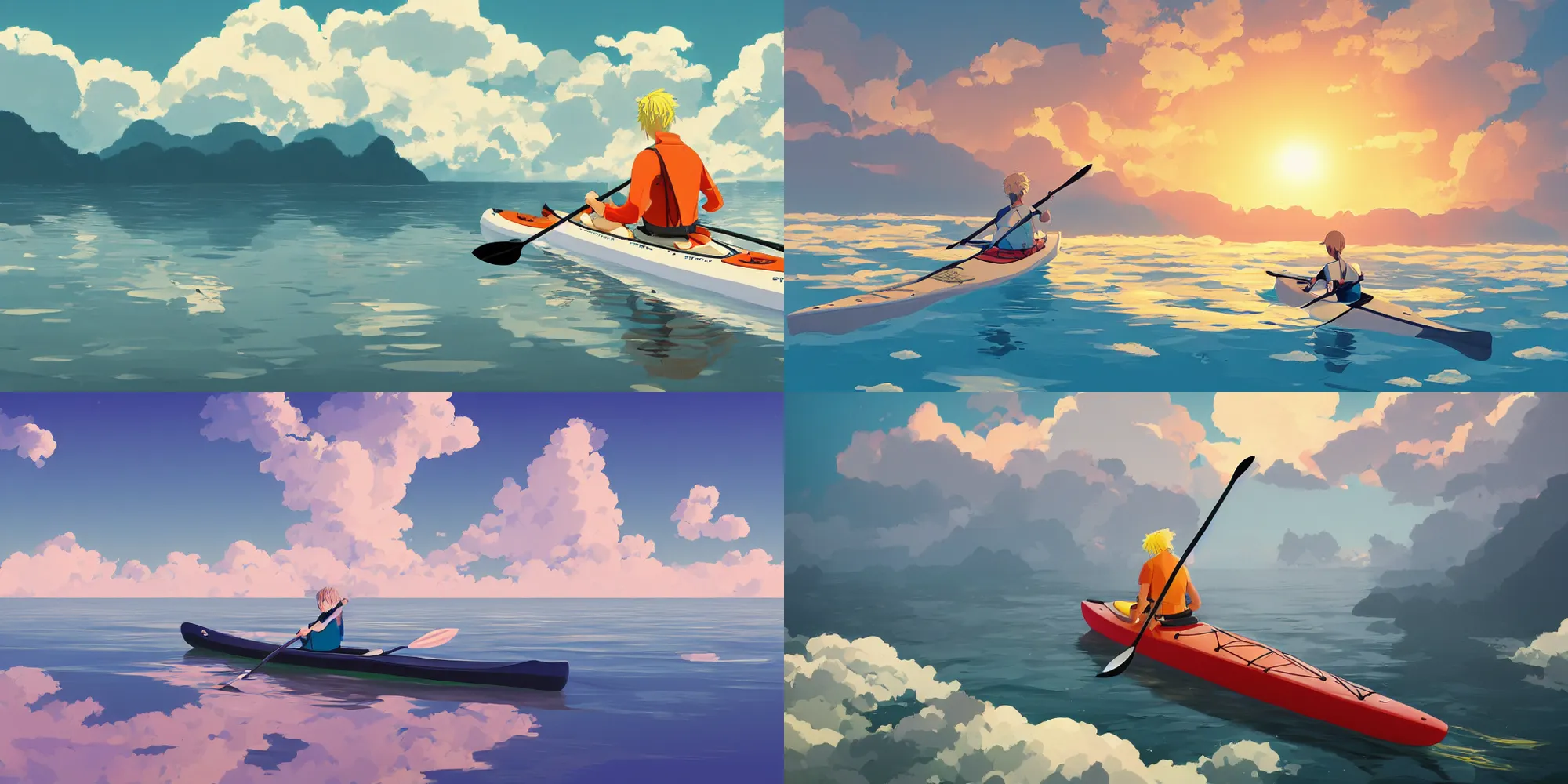 Prompt: blond kayaker paddling in his `light blue kayak`!!!!! above the clouds in the sky, by James Gilleard, studio ghibli, highly detailed trending at artstation, 4k, hdr, backlight