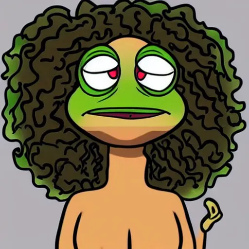 Image similar to pepe the frog with curly hair as a hot girl