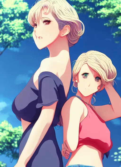 Image similar to two beautiful mature women under a blue sky, casual summer clothes, gorgeous faces, thick lines, cinematic lighting, detailed anime art