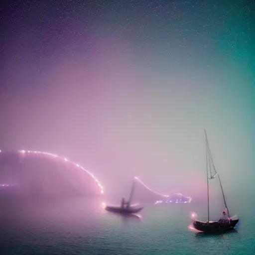 Image similar to sailing into the unexplored mist, cinematic fantasy photography, magical, bioluminescence