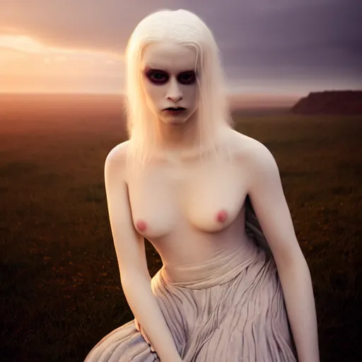 Image similar to photographic portrait of a stunningly beautiful albino gothic female in soft dreamy light at sunset, contemporary fashion shoot, by edward robert hughes, annie leibovitz and steve mccurry, david lazar, jimmy nelsson, breathtaking, 8 k resolution, extremely detailed, beautiful, establishing shot, artistic, hyperrealistic, beautiful face, octane render