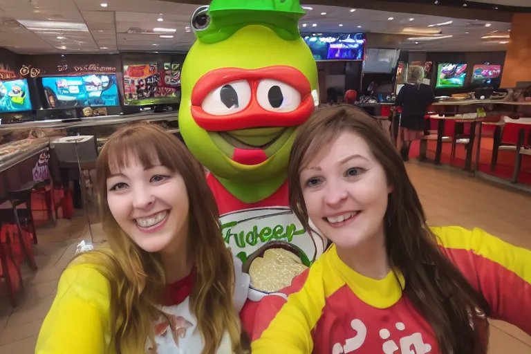 Image similar to I took a selfie with the corporate mascot of fast food chain frog burger, selfie photography, 55mm