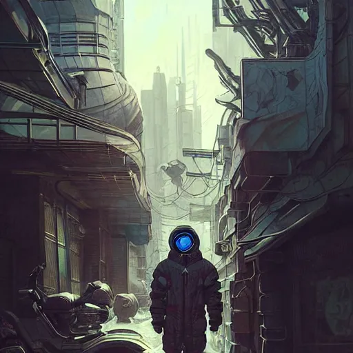 Image similar to A portrait of a cyberpunk gopnik on the street of a Russian city on the moon, Norilsk, sci-fi, fantasy, intricate, very very beautiful, elegant, highly detailed, digital painting, artstation, concept art, smooth, sharp focus, illustration, art by artgerm and greg rutkowski and alphonse mucha