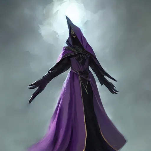 Image similar to full body, female warlock long hood cloak purple, fighting monster with magic, 8 k, trending on artstation by tooth wu and greg rutkowski