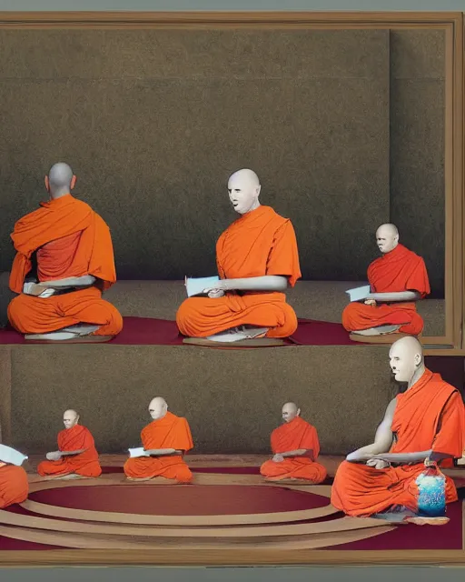 Prompt: a painting of cyborg buddhist monks sitting in circle praying to a computer, matte painting, highly detailed, fantasy art