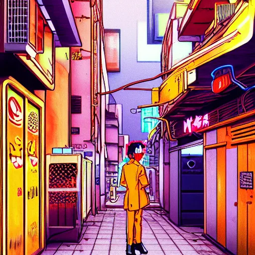 Image similar to salary man in small alley in golden gai, vaporwave nostalgia, commodore 6 4, visual novel cg, 8 0 s anime vibe, kimagure orange road, maison ikkoku, trending on artstation