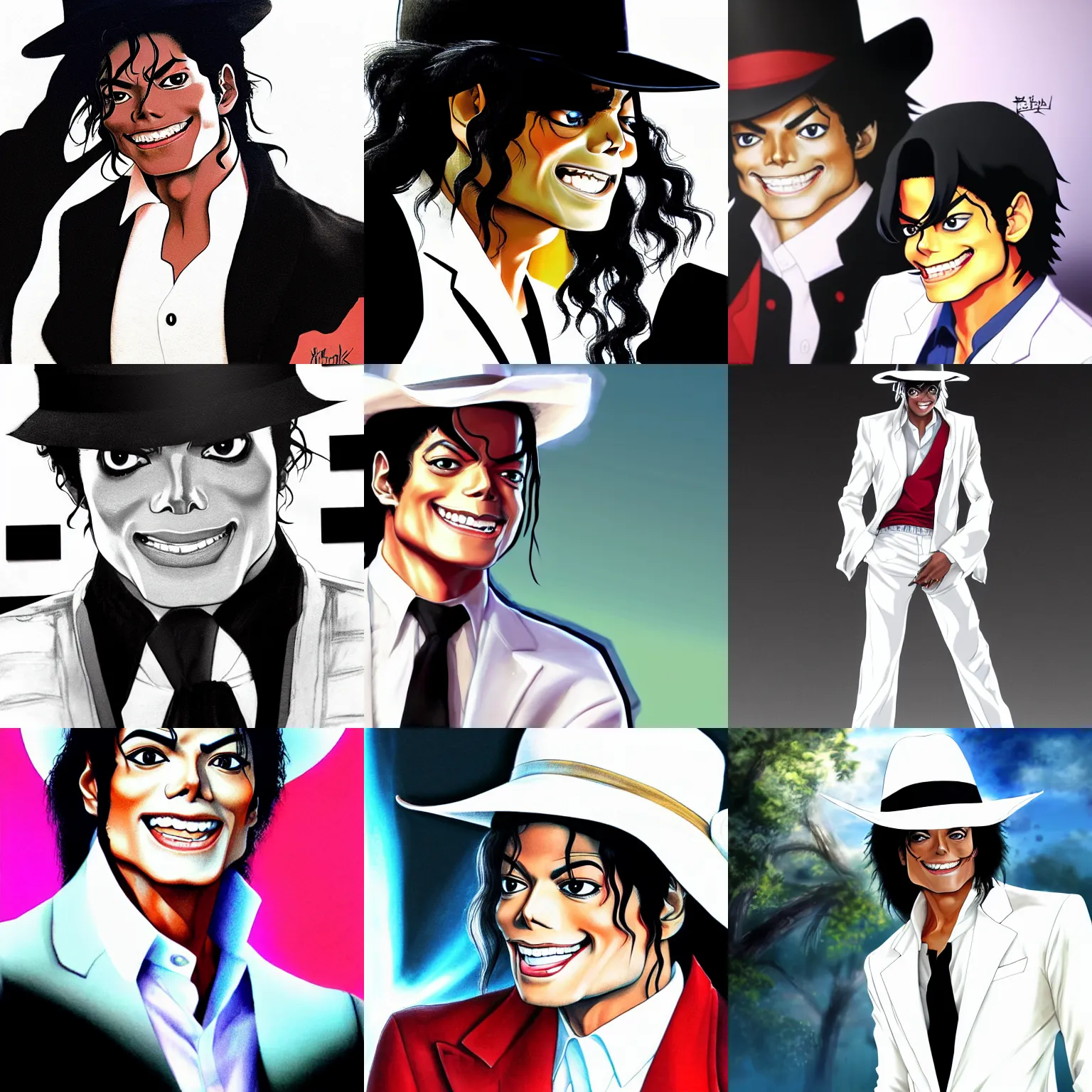 Prompt: smiling michael jackson!!! full medium concept art of michael jackson!! in white fedora hat and white suit as muscular character, beautiful landscape, 4 k anime character anime concept art ink by akira toriyama, artstation