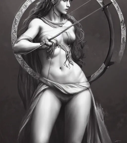 Prompt: beautiful young aphrodite goddess as an archer warrior, realistic face, beautiful eyes, black and white drawing, in the style of greg rutkowski, fantasy, amazing detail, epic, intricate, elegant, smooth, sharp focus