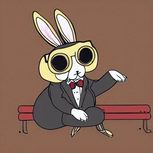 Image similar to a dapper bunny rabbit in formal wear with a monocle sitting on a park bench on a sunny day, digital art