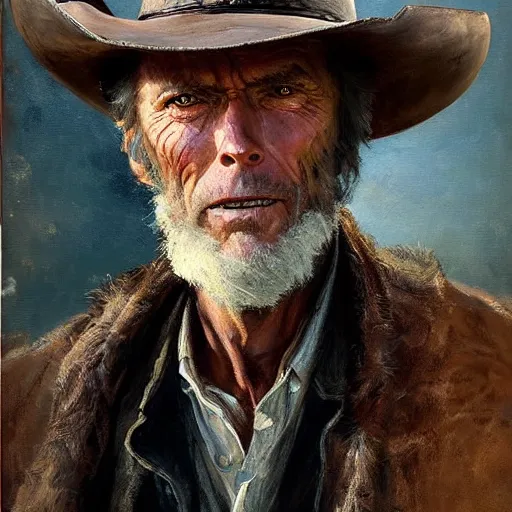 Image similar to Solomon Joseph Solomon and Richard Schmid and Jeremy Lipking victorian genre painting portrait painting of Clint Eastwood a rugged cowboy gunfighter old west character in fantasy costume, rust background