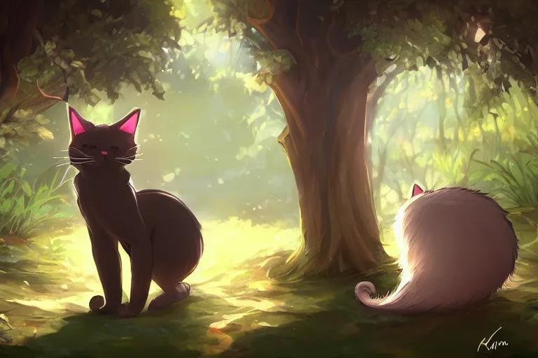 Prompt: a cat in the forest, trending on artstation, trending on furaffinity, digital art, by kawacy, anime, furry art, warm light, backlighting, cartoon, concept art