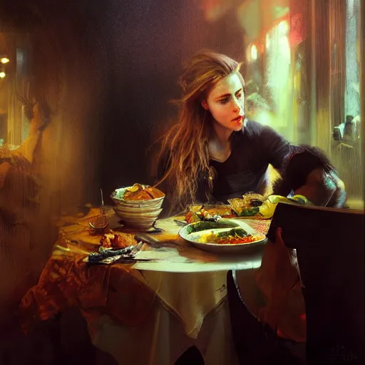 Prompt: hyperrealistic portrait of a woman as amber heard eating dinner in hell by jeremy mann and alphonse mucha, fantasy art, photo realistic, dynamic lighting, artstation, poster, volumetric lighting, very detailed faces, 4 k, award winning