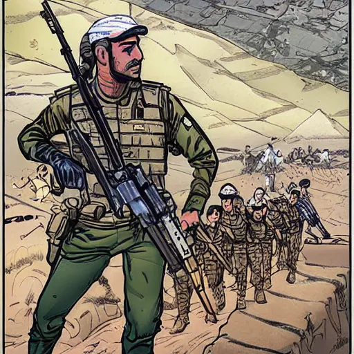 Image similar to kurdish peshmerga comic art by mike allred, highly detailed, award winning art