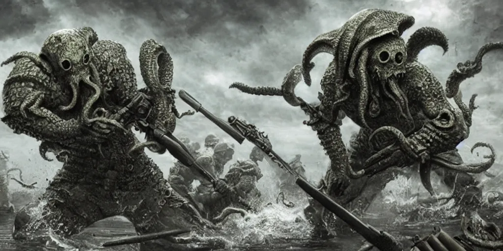 Image similar to Soldiers fighting Cthulhu, Photorealistic, insane_details