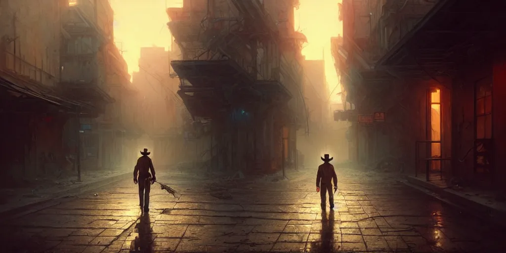 Image similar to a solo cowboy walking in an abandoned city street, cinematic, volumetric moody lighting, highly detailed, digital painting, artstation, concept art, matte, sharp focus, illustration, art by artgerm and greg rutkowski and alphonse mucha